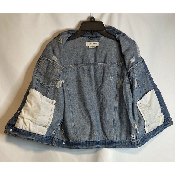 Boho Denim Jacket M Blue Jean Distressed Grunge Y2K Staple CI SONO - Picture 7 of 11